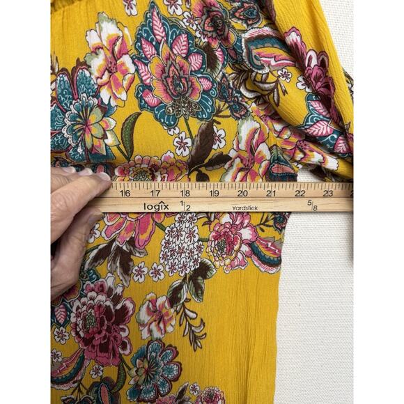 Bila Yellow Floral Blouse Top 3/4 Sleeves Sz M Ruffle Sleeves Tassel Tie - Picture 8 of 12